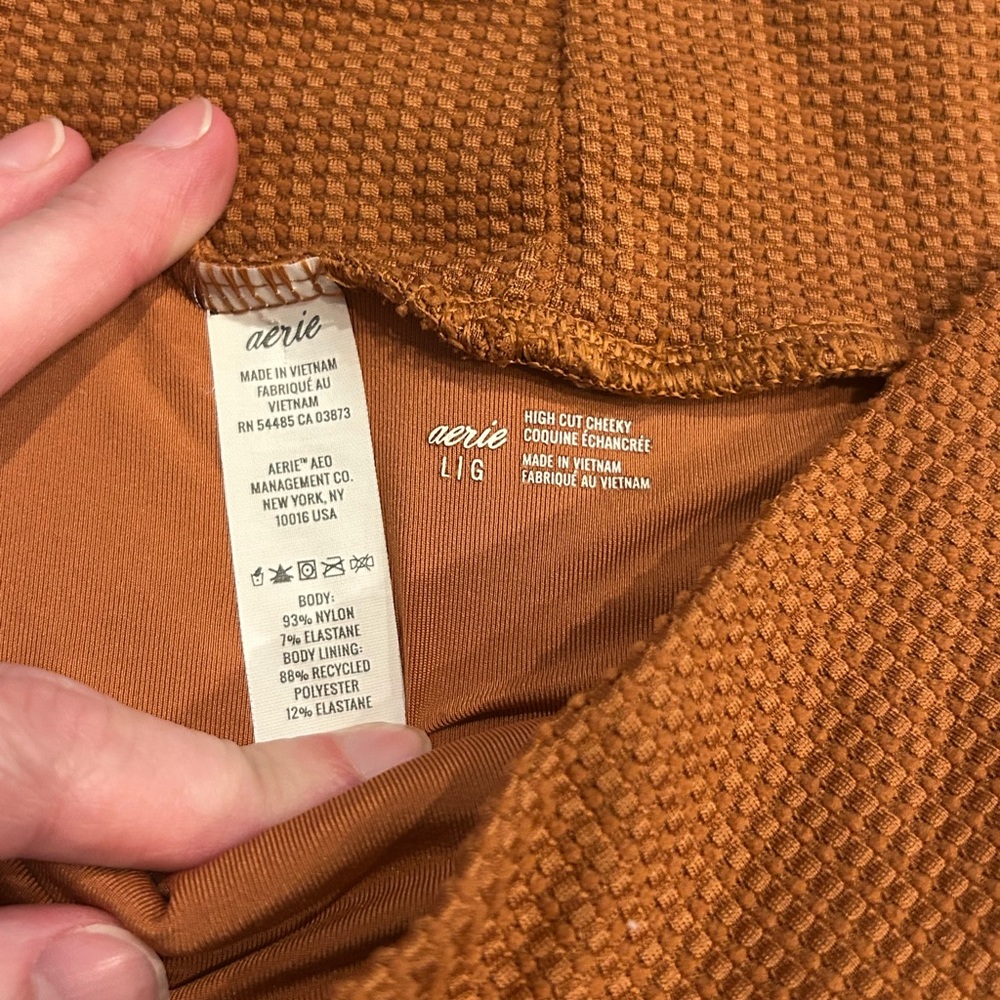 Aerie American Eagle Brown Ribbed High-Waisted Cheeky Bikini Bottom Large - Picture 2 of 3